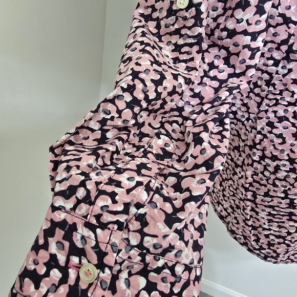TALBOTS size 14 Floral Roll Tab Sleeve Button Up Casual Cotton Shirt Pink Navy - Picture 7 of 14